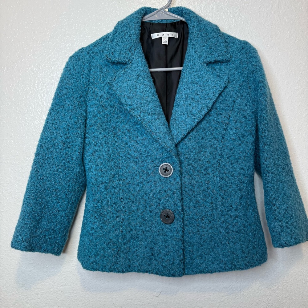 Cabi Wool Blend Boucle Cropped Blazer 3/4 Sleeve Teal Blue Style 186 Size 0